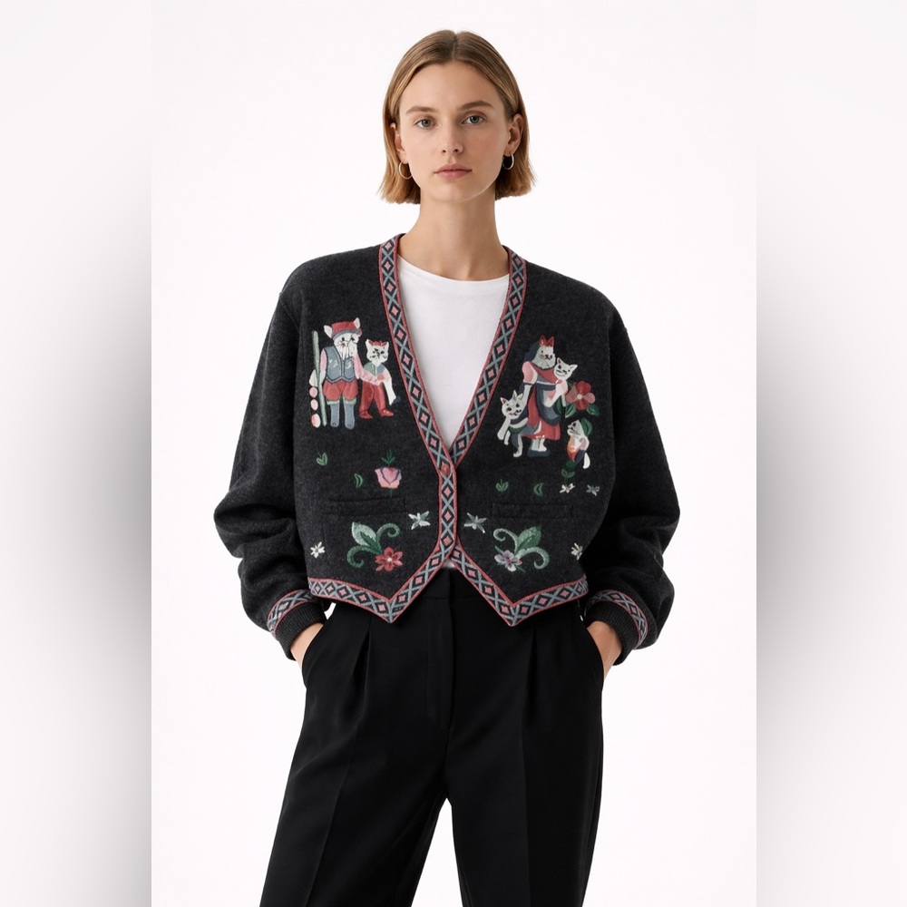 Vintage Wool Rabbit Fur Embroidered Charcoal V-Neck Cardigan Sweater